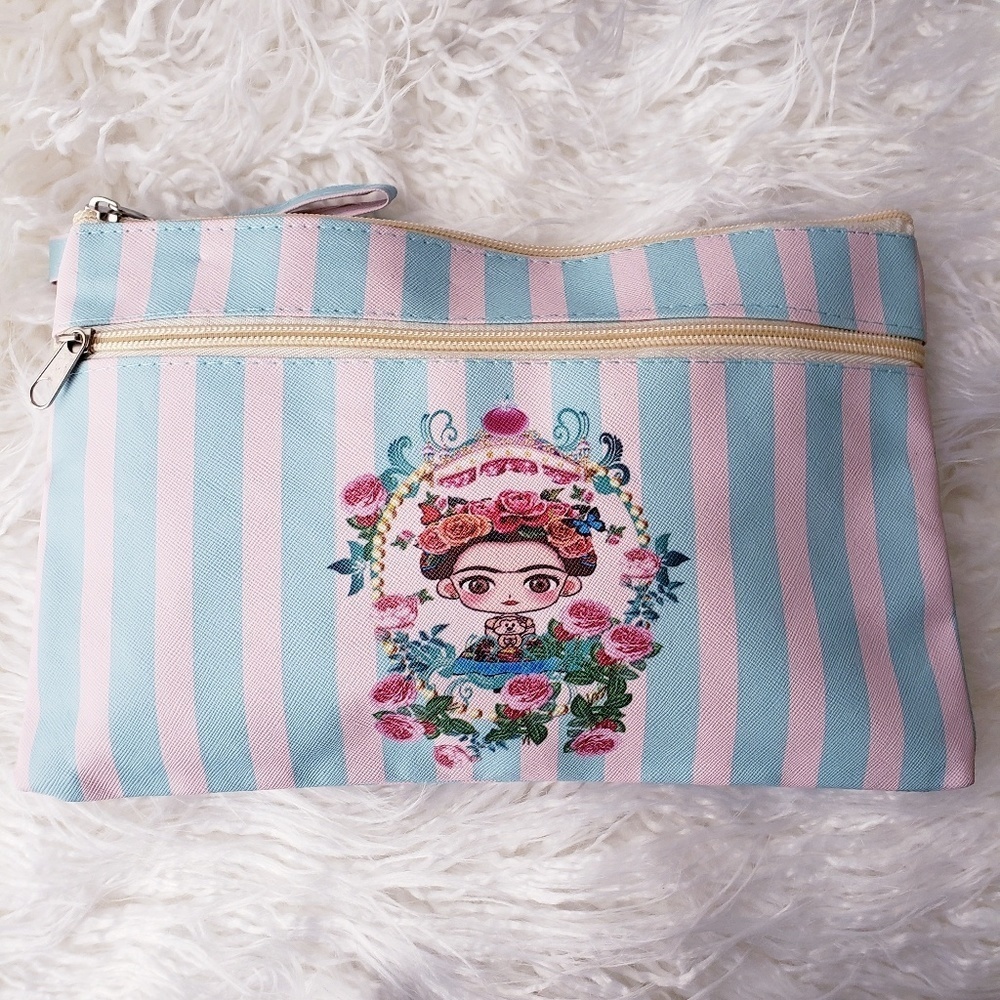 Frida Kahlo Pink &Blue Striped Faux Leather Clutch